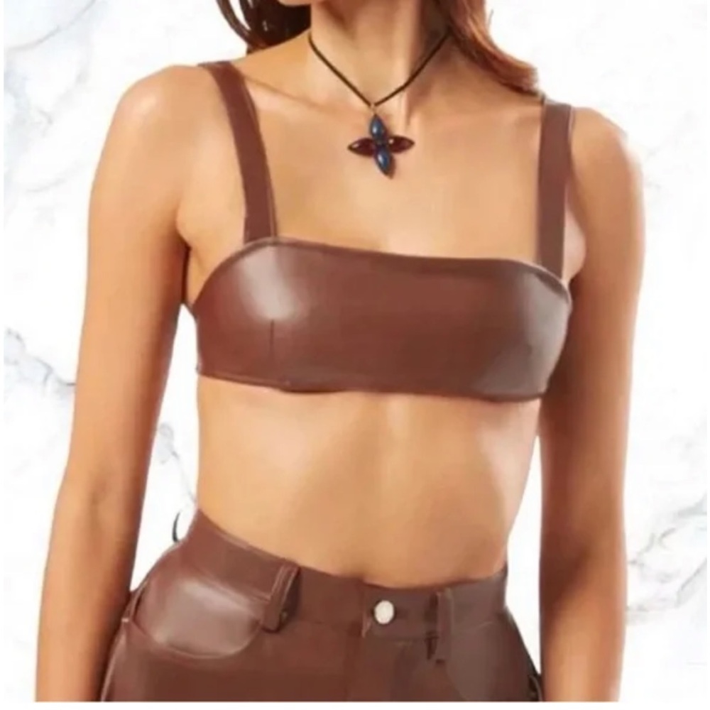 NWT WEWOREWHAT brown vegan leather bra top Size M